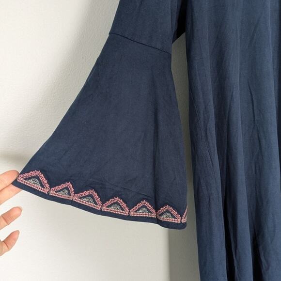 THML Women's Pink Embroidered Navy Tunic Mini Dress Bell Sleeve size MP - Picture 2 of 6